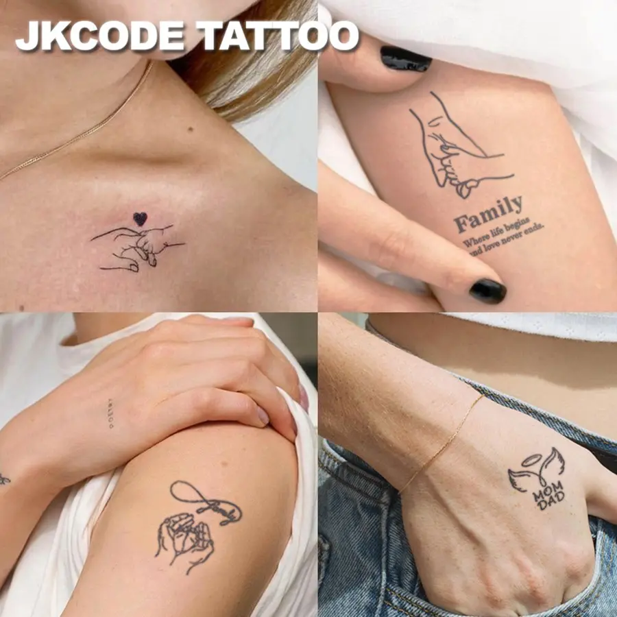 Family Love Minimal Tattoo Stickers, Cute Fashion Girl Accessories, Long-Lasting Waterproof Hand Neck Tattoos, Daddy & Momy Illustrations, Temporary Tattoo