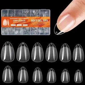 Extra Short Almond Nail Tips 600Pcs Soft Gel, Pre - Etched Clear Fake Nails, 12 Sizes Full Cover Soft Acrylic Press - On Nail Extensions, No C Curve, DIY Manicure at Home Medium Almond