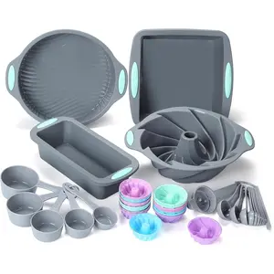 45 Pieces Silicone Bakeware Set, Heat Resistant Nonstick Baking Pans Molds for Cake Bread and Cupcake, With Measuring Cups and Spoons Set, Light Grey
