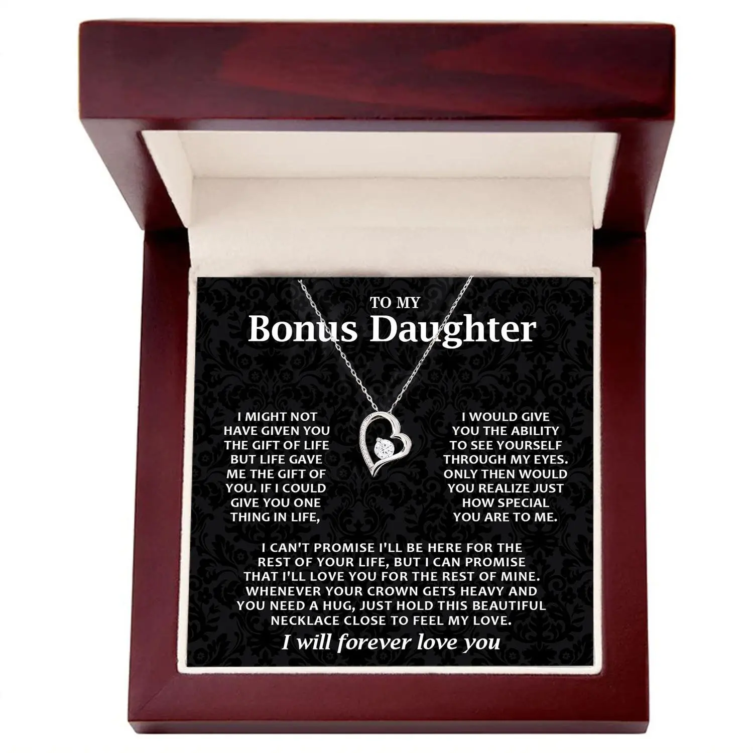 To My Bonus Daughter Heart Pendant Necklace, Gift Idea for Birthday Graduation, Elegant Necklace Message Card Box, Stepdaughter Necklace