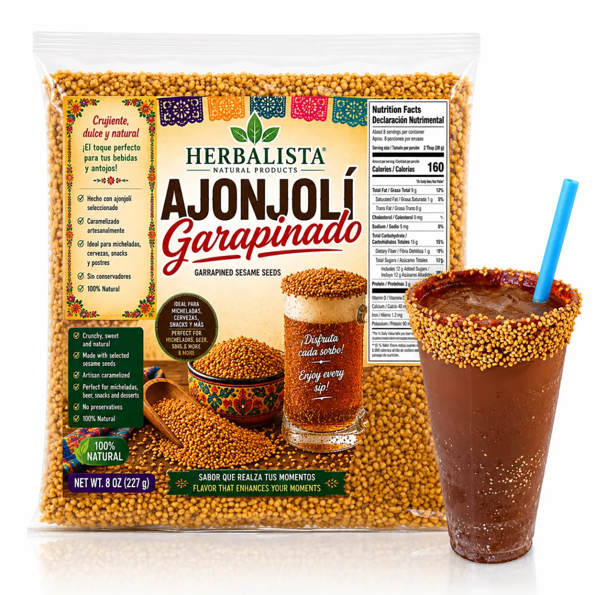 Herbalista Ajonjolí Garapiñado 8 oz (227 g) | Caramelized Sesame Seeds | Sweet Crunchy Rim Garnish for Micheladas, Beer, Cheladas, Snacks, Fruit Cups & Desserts | Authentic Mexican Style