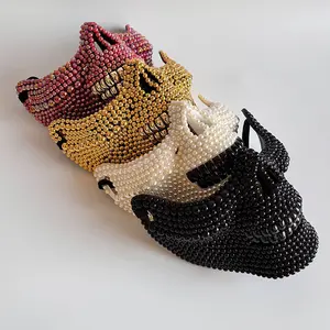 Adult Rhinestone-and-Pearl Skull Half-Face Mask, Bling Gothic Costume Mask for Halloween & Parties