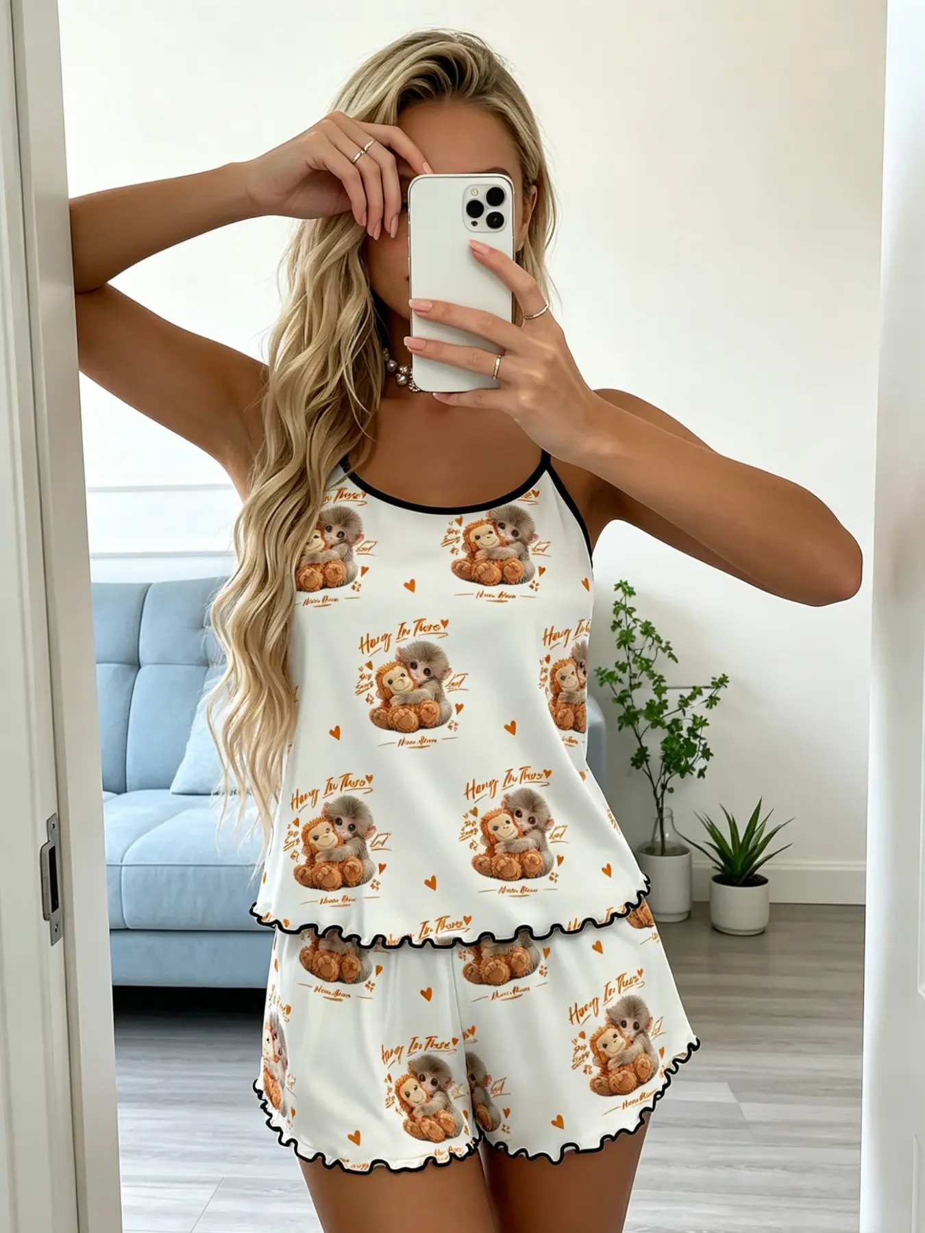 Cute Golden Retriever Monkey Print Pajama Set, Women's Soft Ruffle Home Wear, Cartoon Animal Motivational Text, Breathable Two-Piece, S-Xl