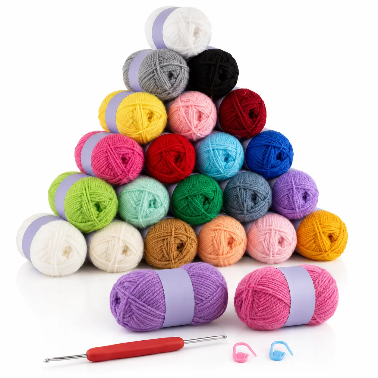 20-Skein Multicolor Acrylic Yarn Pack, 500g/17.64oz Soft Acrylic Yarn for Crochet & Knitting, Amigurumi Yarn, Granny Square Yarn, Craft Yarn Set with Crochet Hook & Stitch Markers, Crochet Supplies