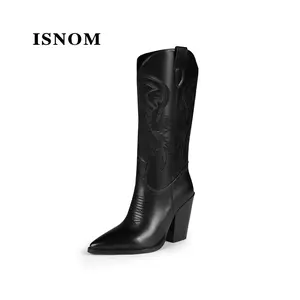 ISNOM Cowboy Boots for Women Pointed Toe Chunky Heel Western Boots Embroidered Design PU Leather Anti-skid Outsole Walking Shoes