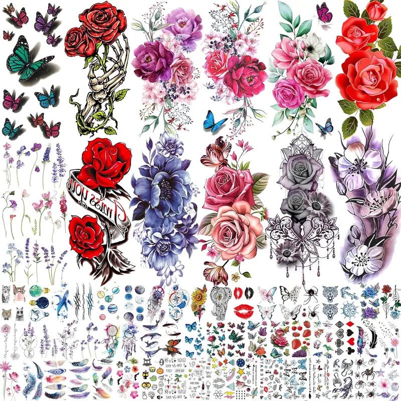 66 Sheets Peony Rose Flower Temporary Tattoos For Women Adults Thigh, 3D Lavender Butterfly Fake Tattoos Girls Arm Sleeve, Realistic Watercolor Floral Temp Tattoo Sticker Finger Tatoos Neck
