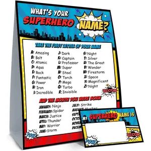 What is Your Superhero Name Game, Game Sign and 30 Cards, Superhero Birthday Party Sign for Boys, Holiday Activity, Kids Superhero Activity Cards, Superhero Activity Decoration Supplies