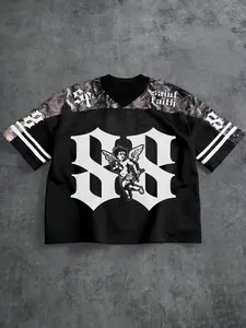 Cherub Graphic Oversized Crop Football Jersey - TikTokShopBlackFriday Deals FallFashion, Trendy Streetwear Top, Gothic Print & Camo Yoke Detail, Stylish Casual Outfit, Versatile Daily Wear Essential, Viral TikTokShopFallDealsForYou Pick, Jersey Tops