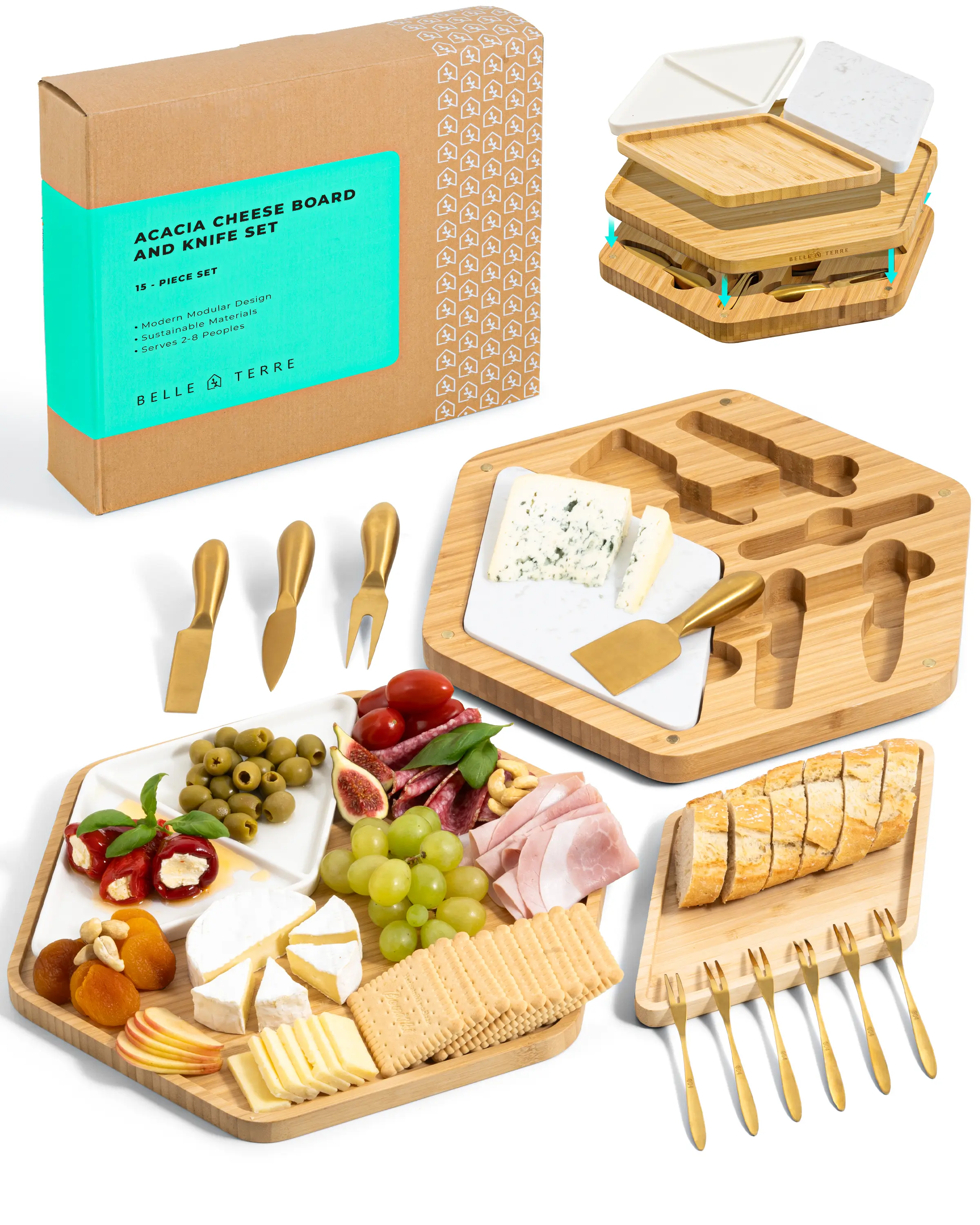 Belle Terre Cheese Board Set - Wood Charcuterie Board for Serving Cheese, Crackers, Meat, Olives, & More  Cutlery Wooden Bamboo