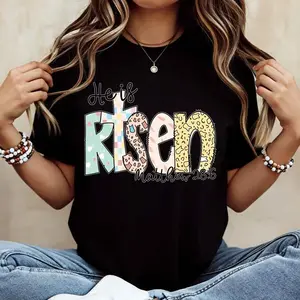 He Is Risen Matthew 28:6 Christian Bible Verse Graphic Tee, Women's White Soft Premium Cotton Casual T-Shirt, Easter Sunday Church Outfit, Religious Faith Based Streetwear Apparel, Spring Summer Relaxed Fit Retro Top Gift for Christian Women & Believers