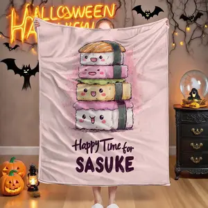 1PC - Cute cartoon sushi pattern, high-definition digital printing, soft and comfortable flannel blanket, can be used all year round, suitable for sofas, beds, offices, travel and camping.