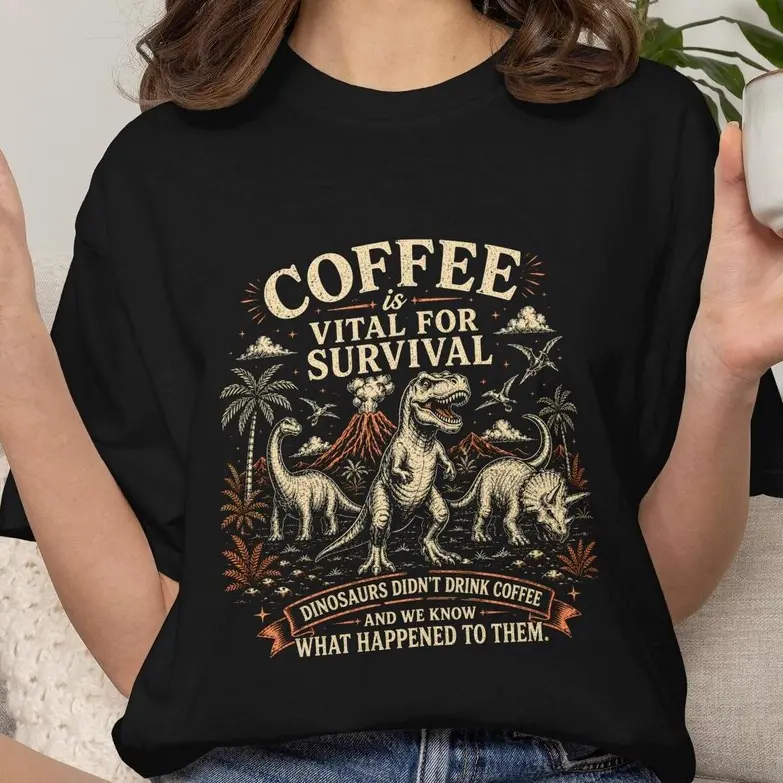 Funny Dinosaur Tshirt, Cute Dino Graphic Tee, Vintage Retro T-Rex T-Shirt, Gift for Coffee Lovers, Dinosaur Lover Gift #SohoChic