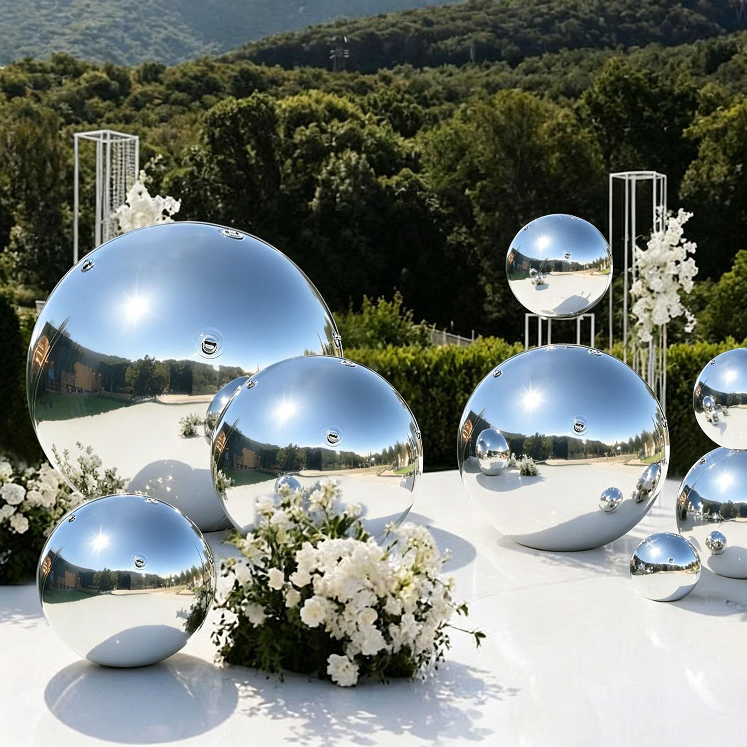 5 PCS Reflective Iridescent Silver Metallic Inflatable Mirror Ball Balloons Set with Pump - Reusable Giant PVC Spheres, Lightweight Party Decor for Festival, Outdoor Garden Home Supplies 5 PCS Reflective Iridescent Silver Metallic Inflatable Mirror Ball Balloons Set with Pump - Reusable Giant PVC Spheres, Lightweight Party Decor for Festival, Outdoor Garden Home Supplies