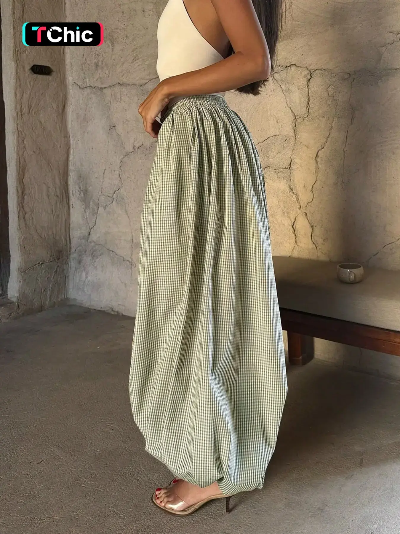 Women's Green Gingham High Waisted Balloon Pants, Drawstring Elastic Waist Pants, Casual Loose-Fit Checkered Trousers for Summer, Everyday Wear