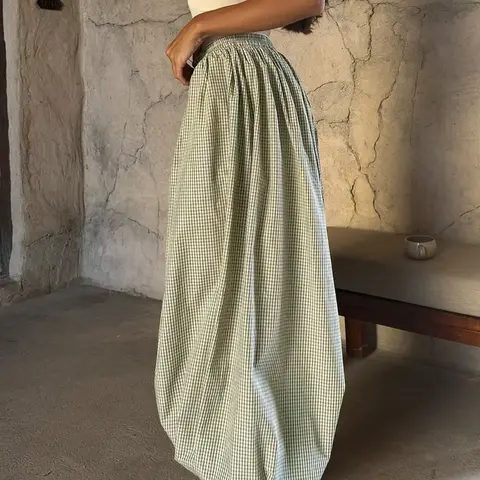 Women's Green Gingham High Waisted Wide Leg Balloon Pants, Drawstring Elastic Waist Pants, Casual Loose-Fit Bohemian Checkered Trousers for Summer, Everyday Wear, Bottom
