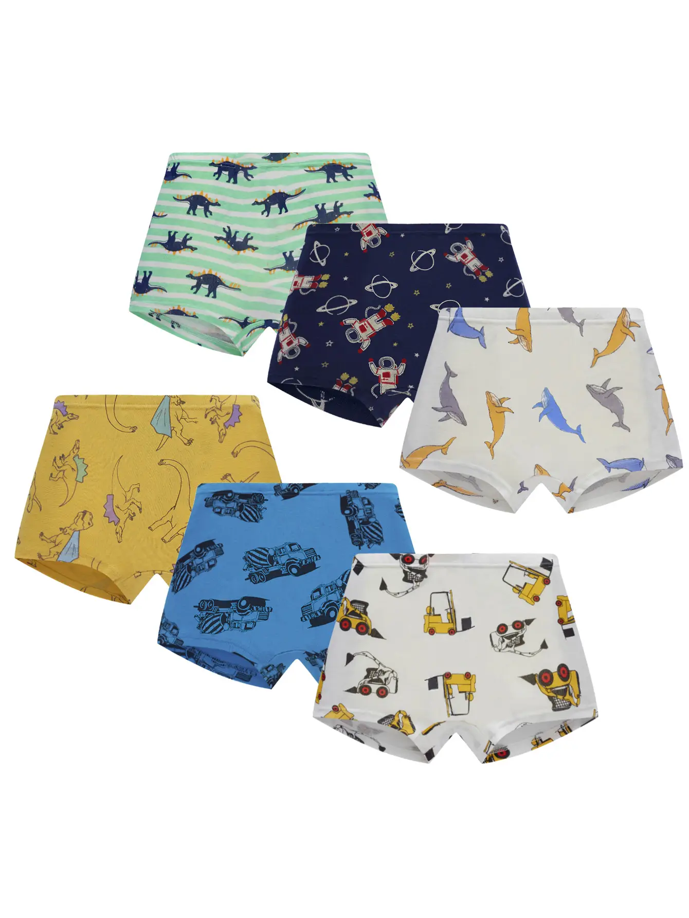 6-pack boys' comfortable and breathable flat underwear with elements such as dinosaur shark engineering vehicle