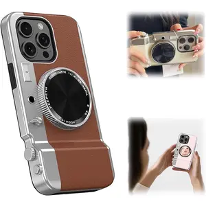 Integrated Camera Phone Case, Integrated Mirror Magnetic Suction Camera Phone Case, Bluetooth Camera Phone Case,Vintage Camera Phone Case for iPhone (Brown,for iPhone14Promax)