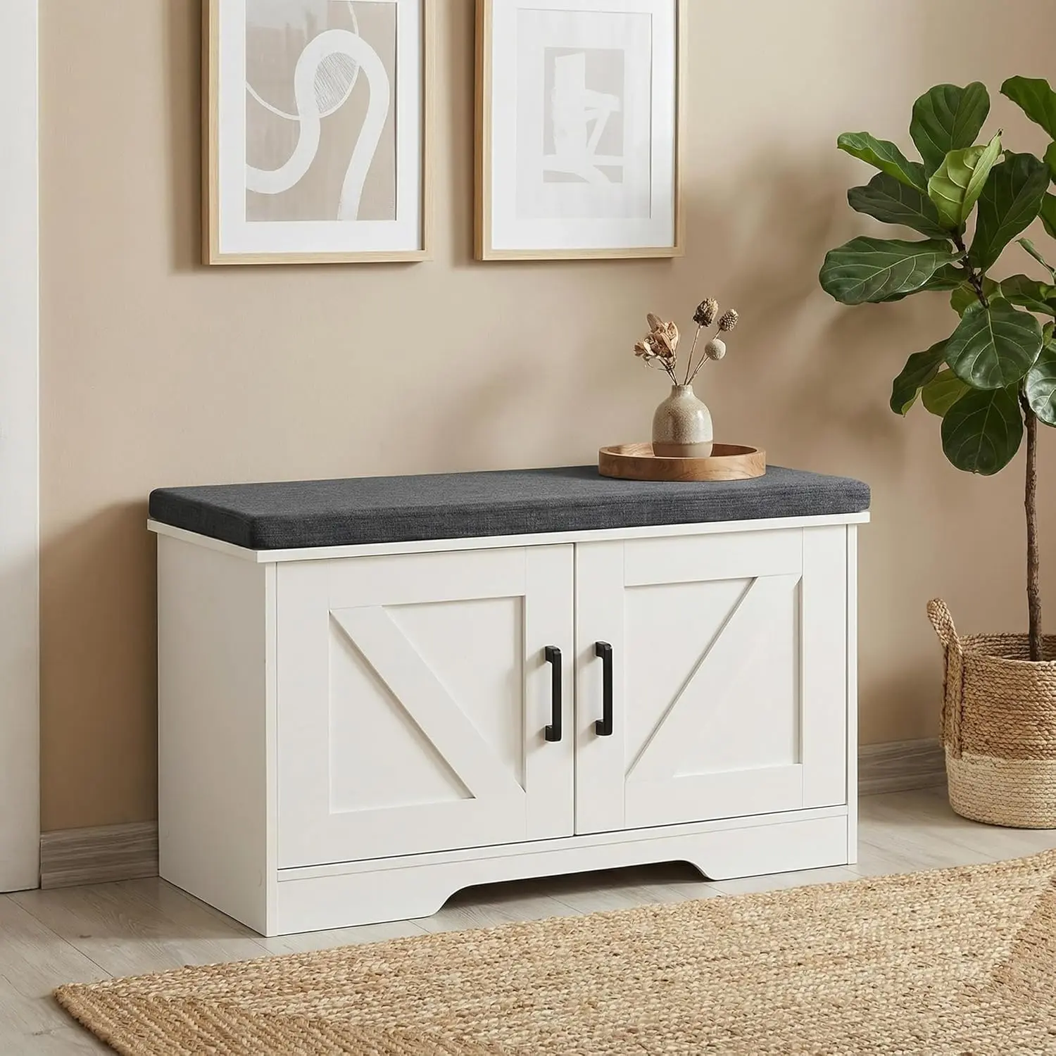 28-Inch Hallway Entryway Storage Bench with Thick Padded Seat Cushion, 2-Door Shoe Cabinet with Adjustable Shelves, Suitable for Bedroom, Living Room