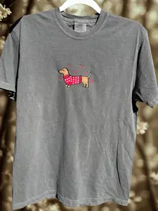 Comfort Colors Valentines Dachshund Embroidered Unisex Fit Tee Casual Cotton
