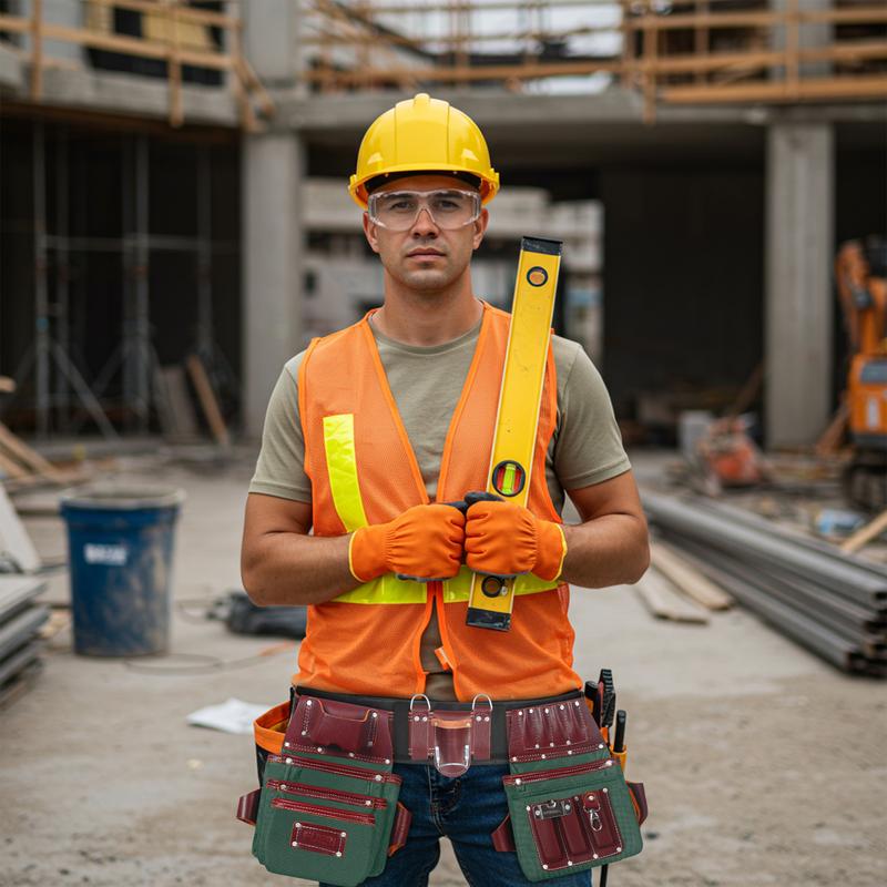 FUERI Heavy Duty Tool Belt for Men 26 Pockets Green & Maroon Nylon Leather Organizer Carpenter Construction Electrician Framing Belt Bag Pouch