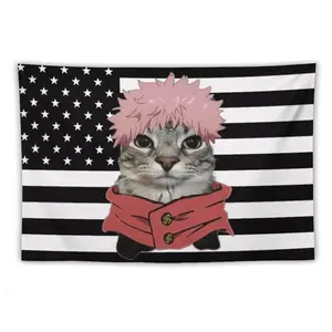 Unique Black USA Flag Anime Tapestry - Cool Jujutsu Kaisen Aesthetic Home Decoration - Funny Room Decor Backdrop - Trendy Room