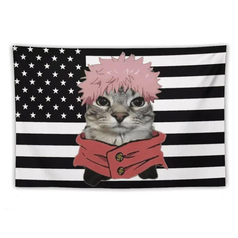Black USA Flag Print Tapestry - Jujutsu Kaisen Anime Funny Home Decor, Cotton Backdrop for Room Merch & Outdoors Decoration