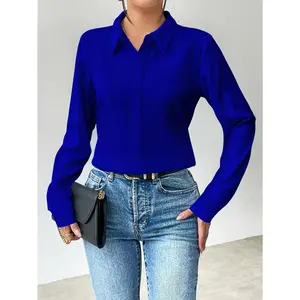 Women's Royal Blue Button Collared Shirt, Casual Relaxed-Fitting Long Sleeve Top, Ladies Clothes for Spring Work & Weekend Outings, Womenswear Casual Classy Top, Bold Vibrant Comfy Shirt