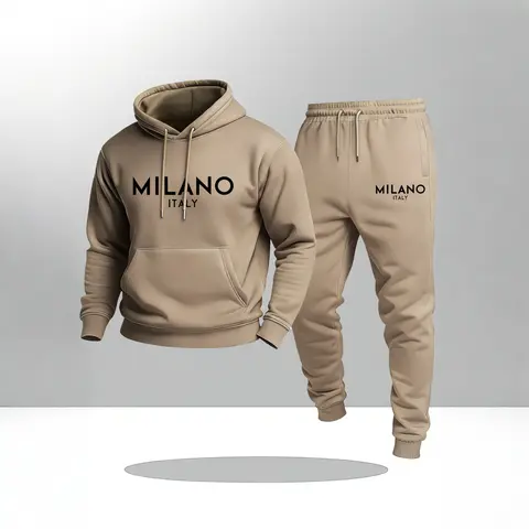 Men's 2-Piece Workout Set - Loose Casual Athleisure Fitness Suit with Milano Letter Print Hoodie, Drawstring Waist Sweatpants, Ideal for Gym, Yoga, Athletic Activewear