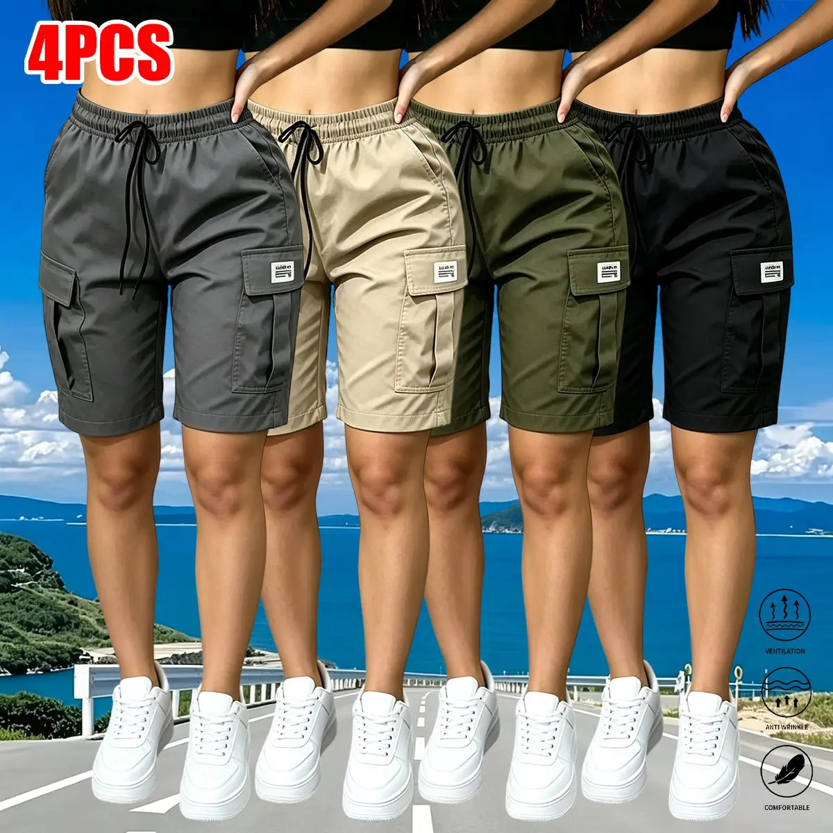 Set of 4 women’s cargo shorts — athletic loose mid-length shorts with elastic drawstring, pockets, and flap design; stylish, elegant, casual, and versatile women’s shorts suitable for the gym, training, casual wear, and spring/summer outdoor activities.