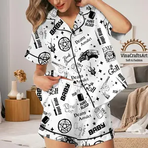 Supernatural Satin Pajamas Set – Dean’s Amulet, Baby Impala, The Colt & Angel Blade Sleepwear for Women, The Colt Nightwear Pajama Satin Set