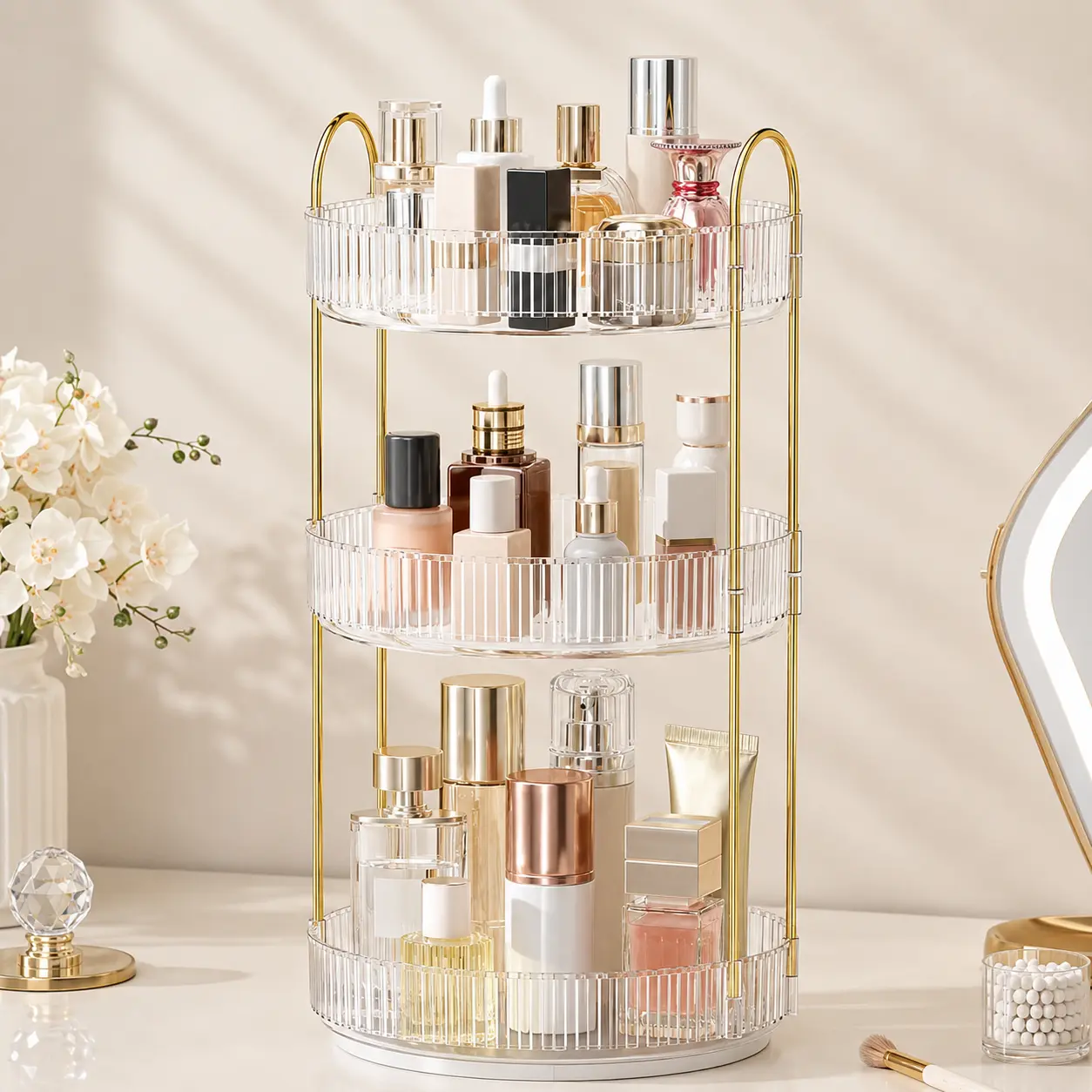 3-Tier Round Rotatable Smooth Metal Decorative Makeup Organizer - Gold-Frame Vanity Bedroom Shelf, Unisex Multifunctional Storage for Beauty, Perfume, Skincare, Lipstick on Dresser & Bathroom Countertop