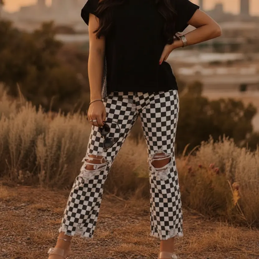 Black and White Finish Line Checkered Jeans