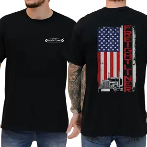 Unisex Freightliner Cotton T-Shirt with American Flag and Big Rig Graphic, Classic Fit Top for Truck Lovers, Patriotic Streetwear for Road Warriors and Drivers