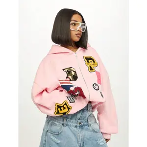 Trendsetting Varsity Badge Zip Up Hoodie With Contrast Appliques Oversize Streetwear Letter Patches Campus College Style Fall Winter Apparel Long Sleeve Day