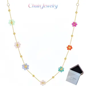 Colorful Flower Beaded Titanium Steel Necklace Cute Dainty Gold Choker for Women Girls Trendy Summer Jewelry
