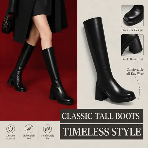 Women's Plain Black Knee High Platform Boots - 3.15" Chunky Cuban Heel, PU Leather, Round Toe, Side Zip, All Seasons Trending Shoes, Cloud-Soft Pads, Above the Ankle but Below the Knee, Women's Shoes, Luxury Packaging, Free Gift