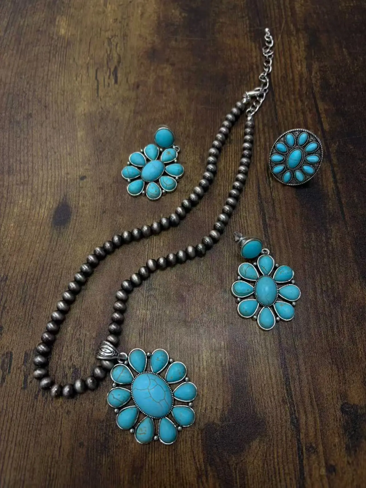 Turquoise Flower Pendant Navajo Pearl Necklace ring Western Cowgirl Jewelry Set