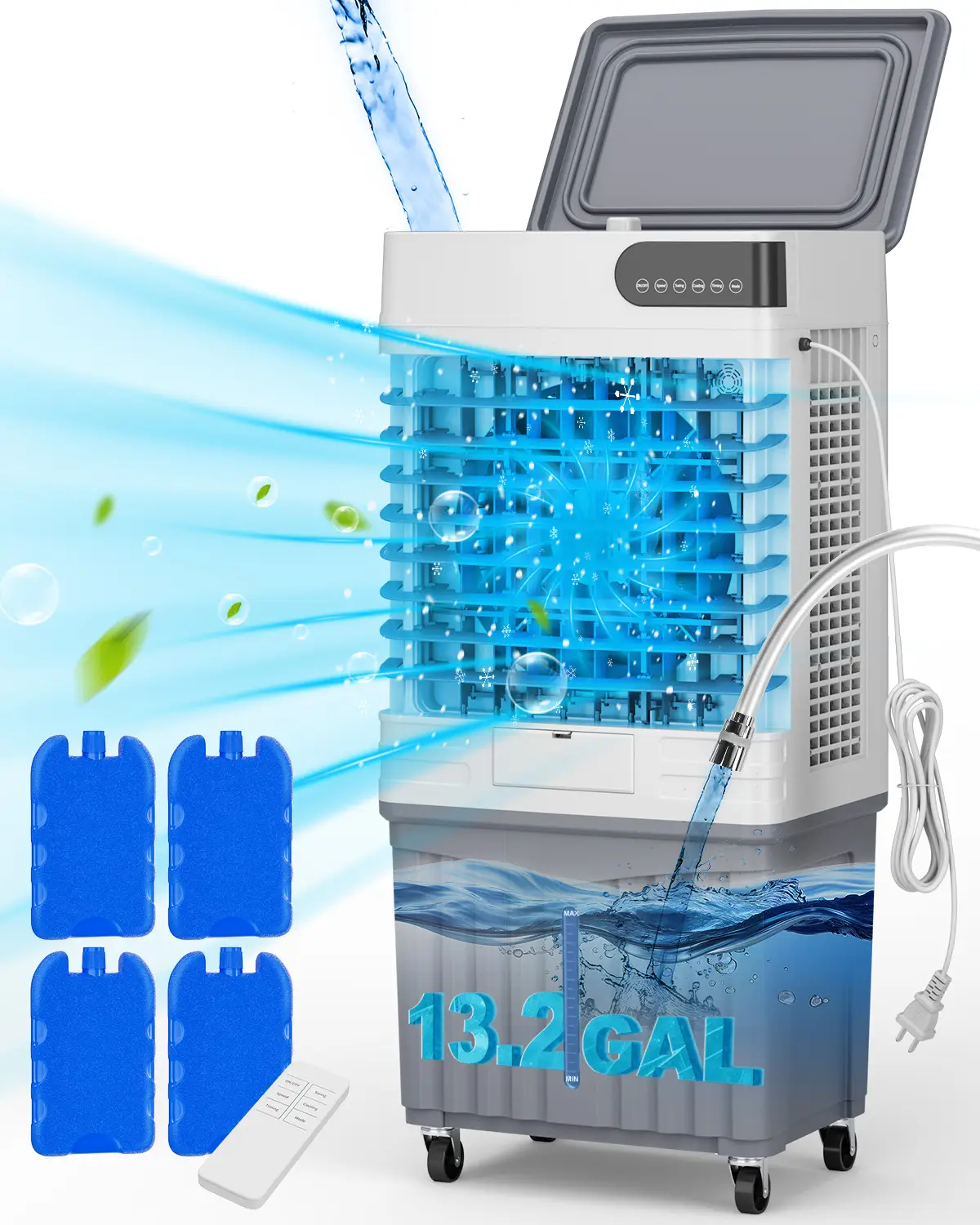 TEHANLD Windowless Portable Air Conditioners, 3600CFM Swamp Cooler with 13Gal Large Tank, 4 Ice Box, 12H Timer and 3 Speeds, Portable Cooling Fan with