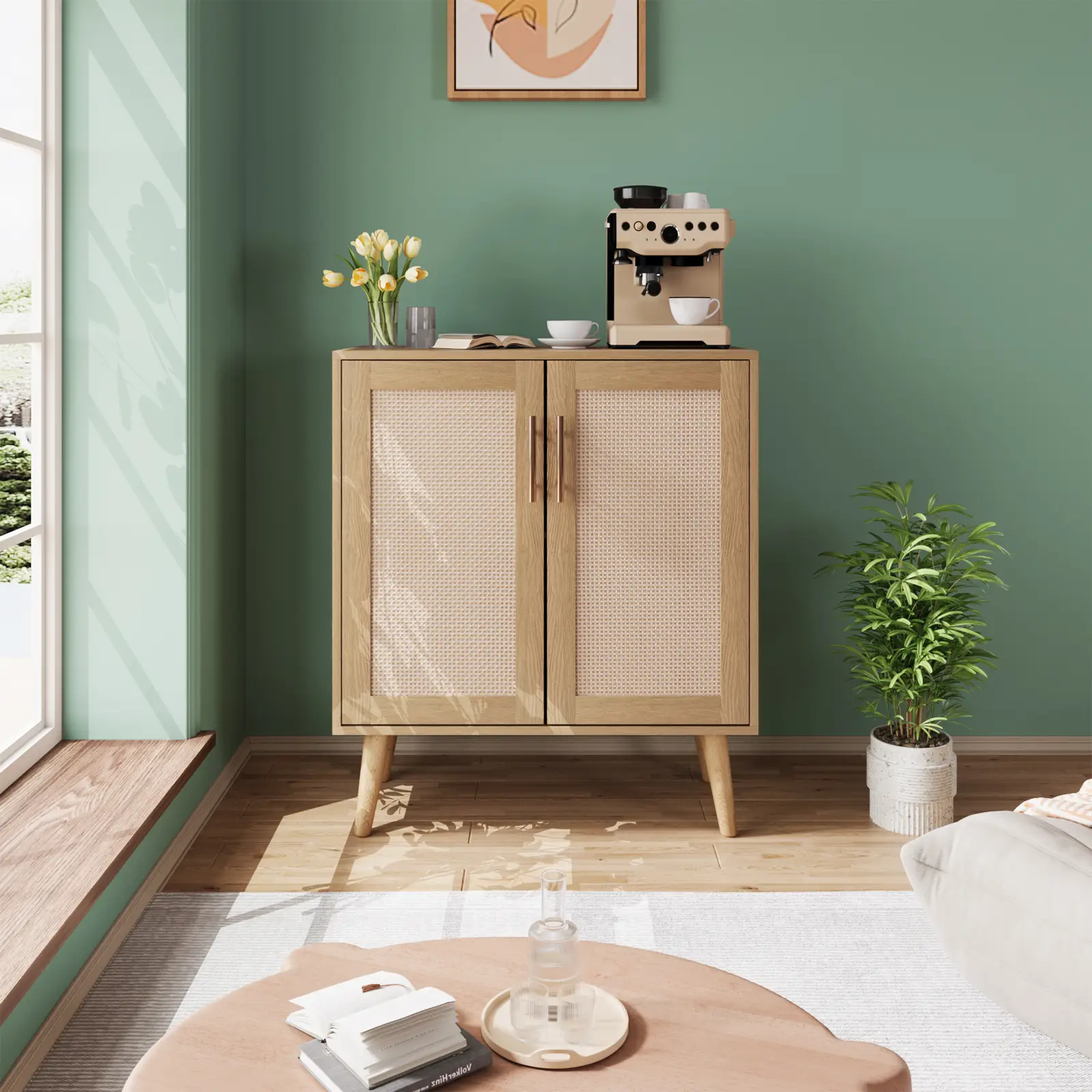 VOWMER Buffet Sideboard Rattan Cabinet with Storage, Cupboard Console Table with Solid Wood Feet, Coffee Bar Cabinet with Sturdy And Safe Design for