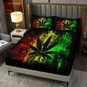 Rasta Style Cannabis Leaf Fitted Sheet Set, 1 Fitted Sheet with 2 Pillowcases, All-Season Bedding for Bedroom, Dorm & Guest Room, Decor for Teens & Adults
