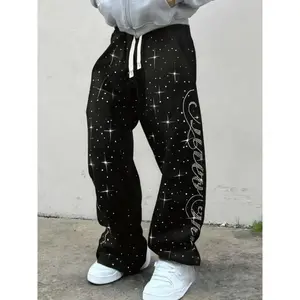 Men's Street Style Straight Leg Sweatpants, Design Sense American Fashion Rhinestone Embroidery, Unisex Casual Pants for Daily Wear, Casual Sporty Trousers