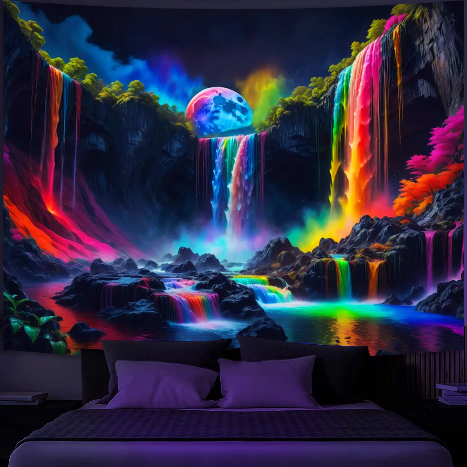 Blacklight Fantasy Waterfall Planet Tapestry UV Reactive Nature Tapestry Neon Landscape Mountain Wave Tapestry Wall Hanging