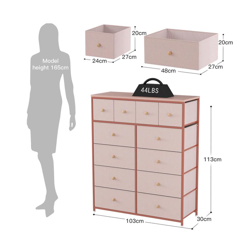 RaybeeFurniture Pink Dresser for Bedroom with 12 Drawers, Sturdy Metal Frame and Wooden Top, for Bedroom, Closet present  cabinets