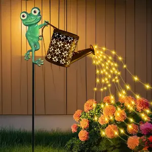 Solar Watering Can with Cascading Lights, Outdoor Garden Decor, Frog Shaped Hook, Gardening Gifts for Mom Women Grandma, Patio Yard Lawn Backyard