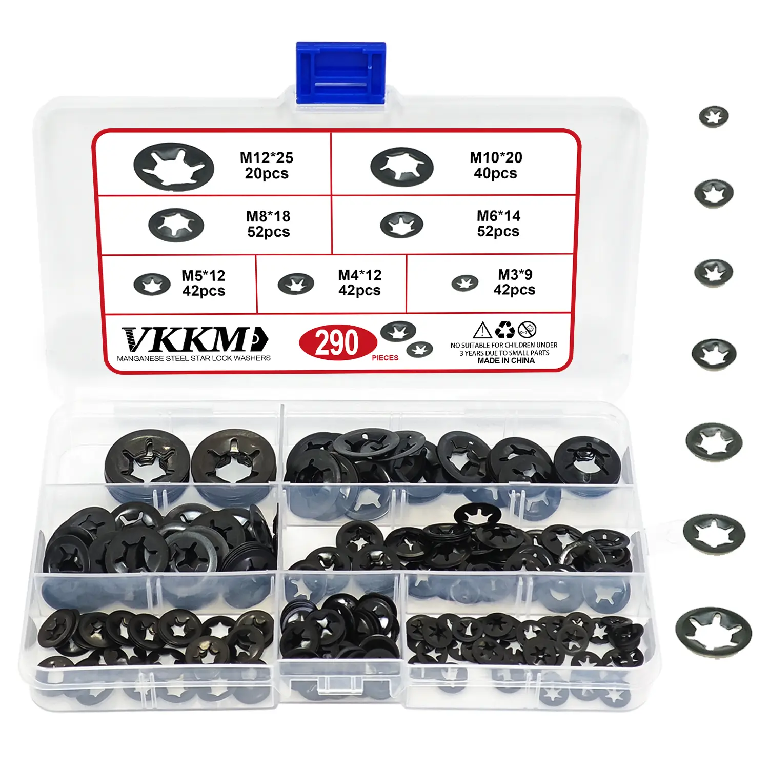 VKKM 290Pcs Internal Tooth Star Lock Washers Assortment, Black Manganese Steel Quick Retaining Washers, M3 M4 M5 M6 M8 M10 M12 Internal Circlip Push On Locking Washers for Shaft Fastening