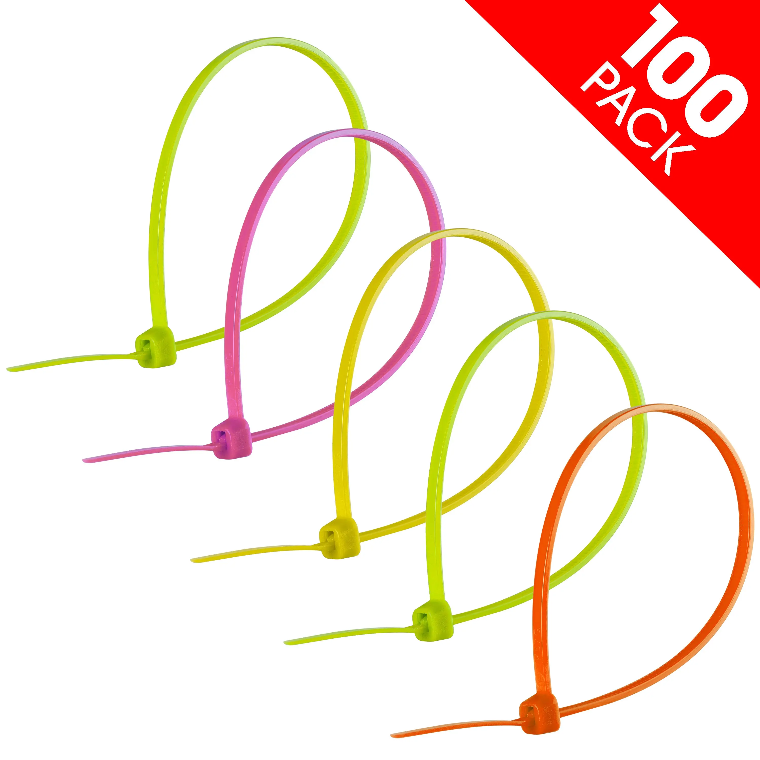 Power Gear 8in. Nylon Plastic Zip Cable Ties, 100-Count Assorted Neon, Resilient 40lbs Tensile Strength, Versatile for Child-Proof Cabinet Doors, Color-Coding Devices, Bundling Items