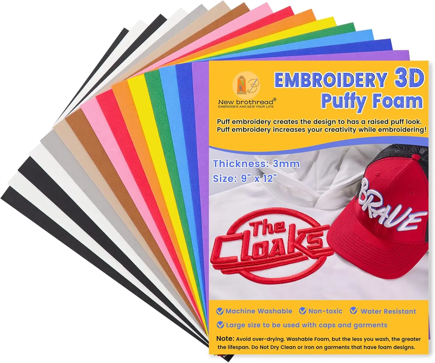 New Brothread Embroidered Puffy Foam - 15 Options, 9"x12" Large Size, 3MM Thick, Versatile & Easy to Use for 3D Stylish Embroidery, Easy Embroidery Process, Caps, Garments, Bags