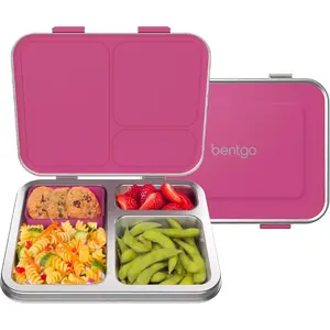 Kids Stainless Steel Leak-Resistant Lunch Box - 3-Compartments with Bonus Silicone Container, Durable,, Dishwasher Safe, BPA-Free, Ideal for School, Ages 3+ (Fuchsia) Lid Tableware Airtight Stylish