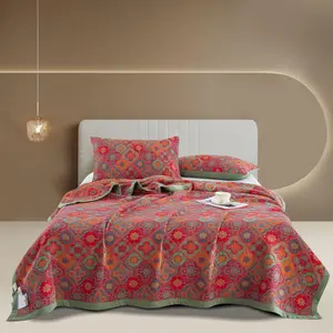 100% Cotton Muslin Jacquard Rustic Red Vintage Floral Paisley Quilt Soft 3 Layers Lightweight Gauzy Reversible Bedspread Coverlet Full/Queen(78"x94") No Pillow Sham