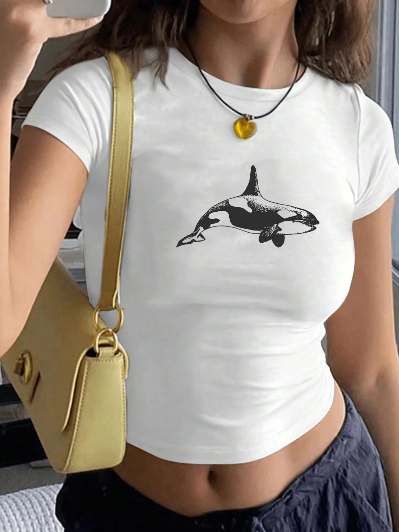 Women's Orca Whale Print Round Neck Crop Tee, Casual Y2K Short Sleeve Fitted Breathable T-shirt Top for Summer, Ladies Clothes for Daily Wear